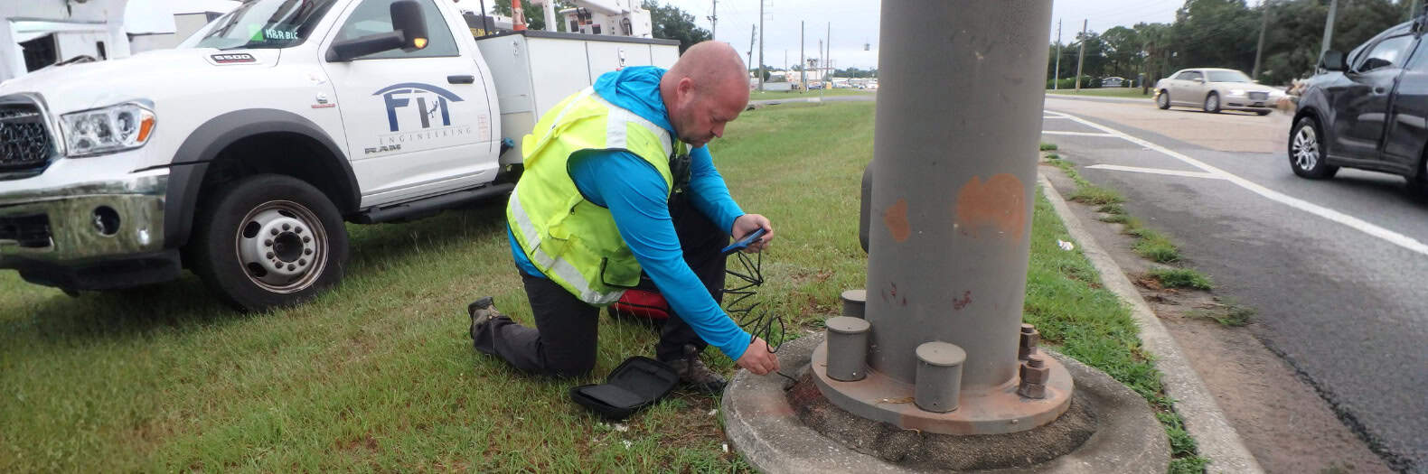 Utility worker inspecting a pole with tools near a busy road.