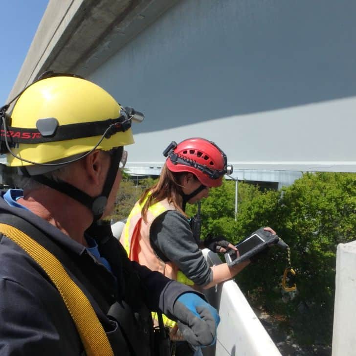Protective workers inspecting infrastructure with safety gear and tools outdoors.