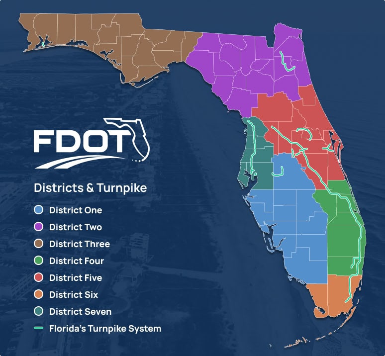 FDOT districts and turnpike system map of Florida, highlighting regional divisions and infrastructur.